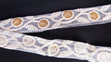 White Net Lace Trim In Floral Embroidery And Glitter Gold Sequins, , Wedding Trims